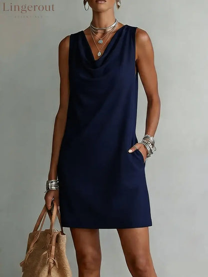 Draped-neck Sleeveless Cotton Dress - Blue / S