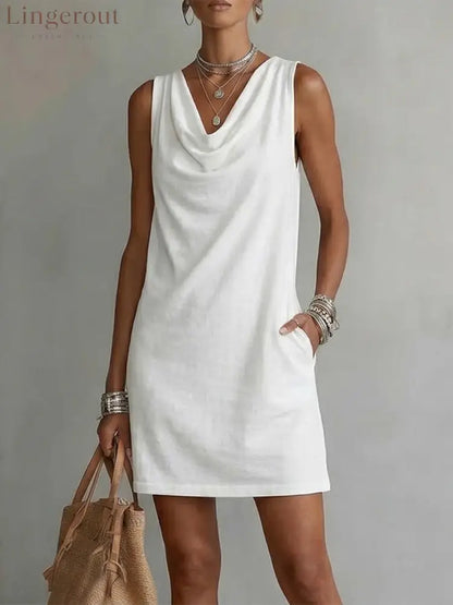 Draped-neck Sleeveless Cotton Dress - White / S