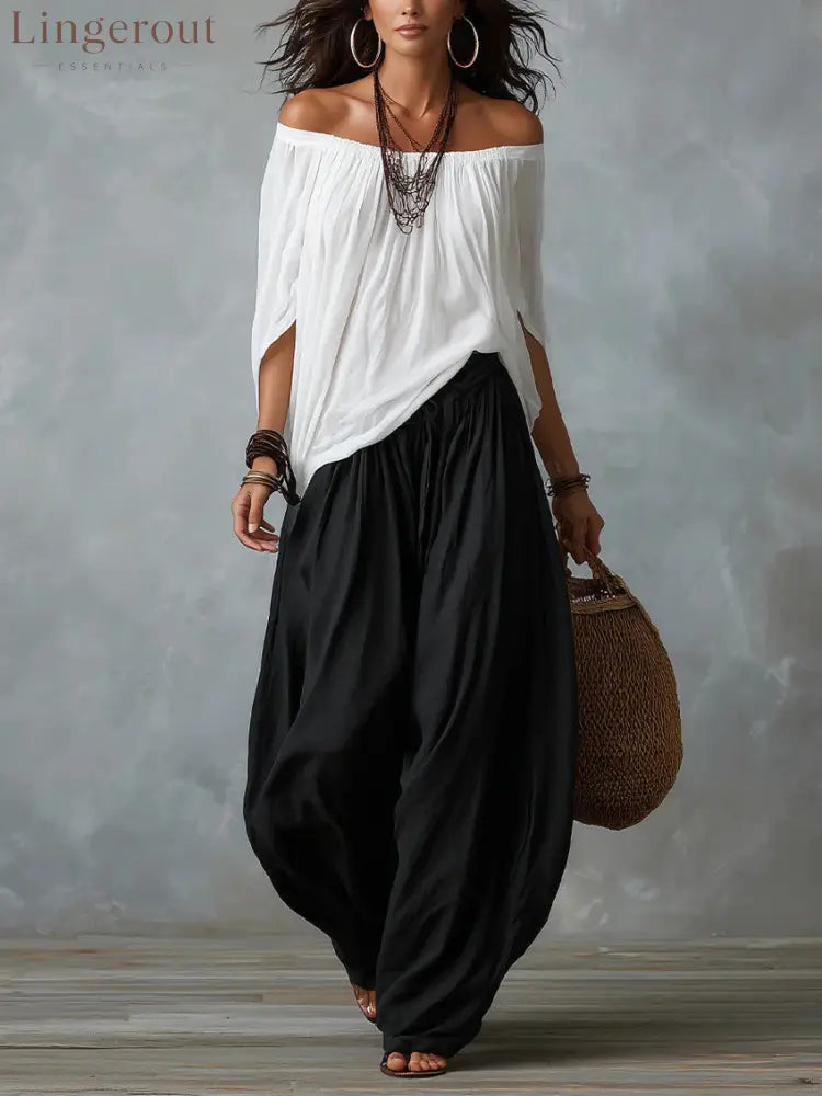 Drawstring Harem Pants Two Piece Set - Black and white / S