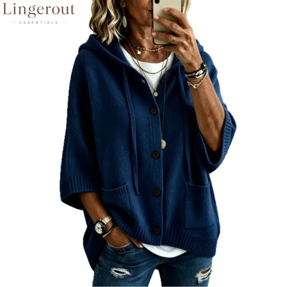 Drawstring Hooded 3/4 Sleeve Wooden Button Knit Cardigan