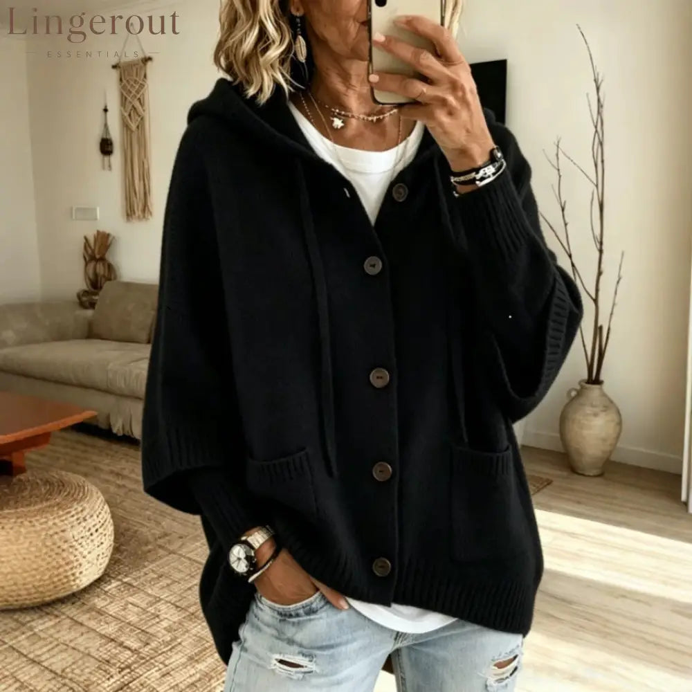 Drawstring Hooded 3/4 Sleeve Wooden Button Knit Cardigan - Black / S