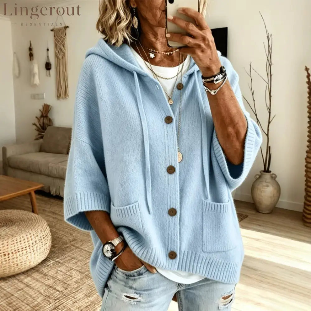 Drawstring Hooded 3/4 Sleeve Wooden Button Knit Cardigan - Light blue / S