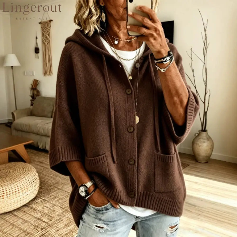 Drawstring Hooded 3/4 Sleeve Wooden Button Knit Cardigan - Light brown / S