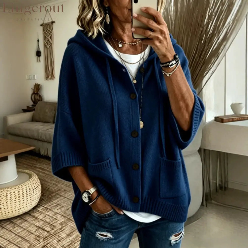 Drawstring Hooded 3/4 Sleeve Wooden Button Knit Cardigan - Navy blue / S