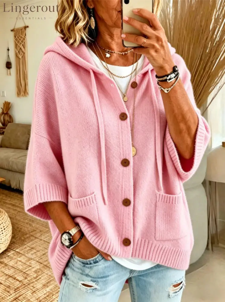 Drawstring Hooded 3/4 Sleeve Wooden Button Knit Cardigan - Pink / S