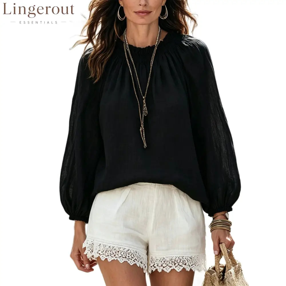 Drawstring Neck Lantern Sleeve Casual Blouse
