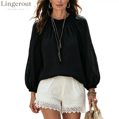 Drawstring Neck Lantern Sleeve Casual Blouse