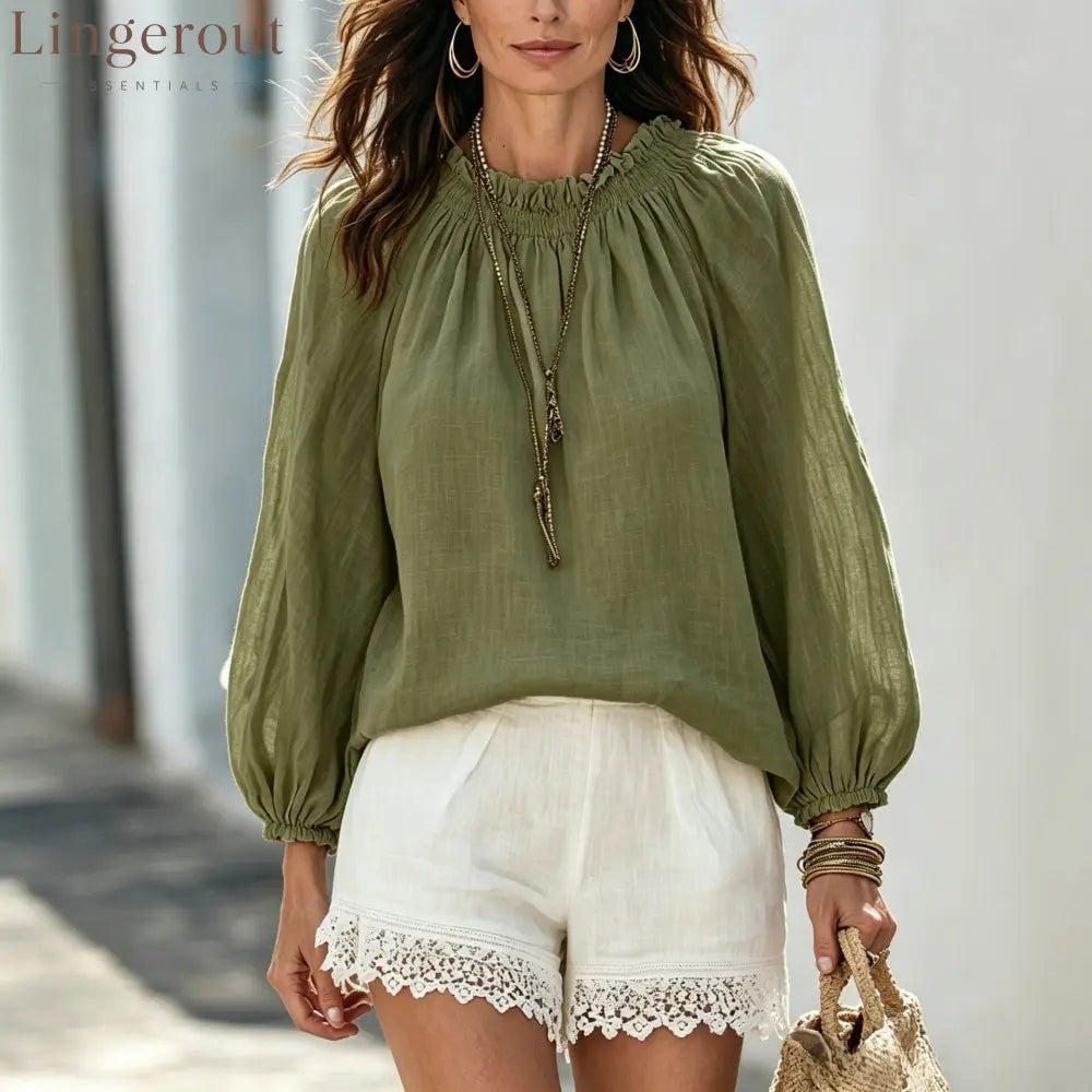 Drawstring Neck Lantern Sleeve Casual Blouse