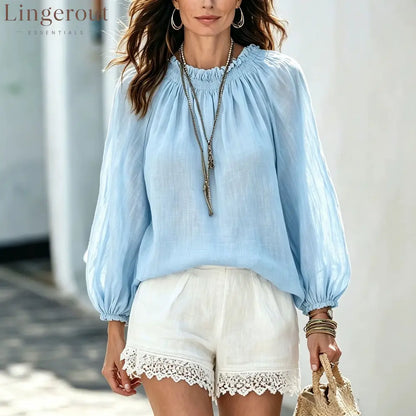 Drawstring Neck Lantern Sleeve Casual Blouse