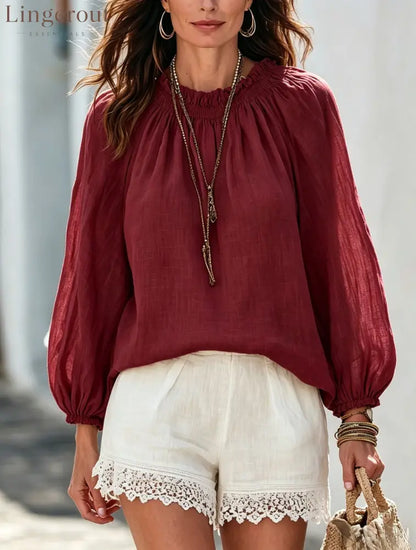 Drawstring Neck Lantern Sleeve Casual Blouse - Claret / S