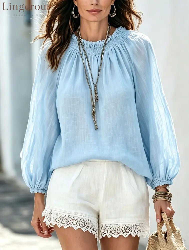Drawstring Neck Lantern Sleeve Casual Blouse - Light blue / S