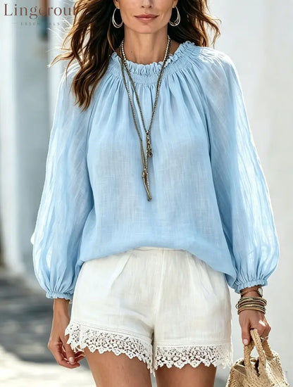 Drawstring Neck Lantern Sleeve Casual Blouse - Light blue / S
