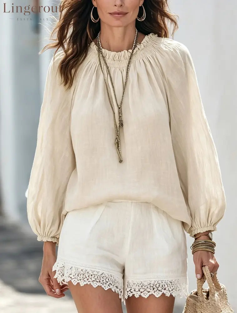 Drawstring Neck Lantern Sleeve Casual Blouse - Off white / S
