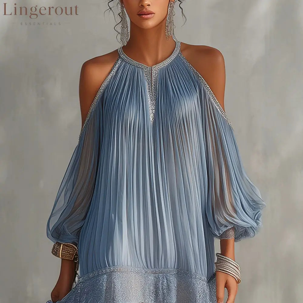 Dusty Blue Pleated Cold Shoulder Mini Dress