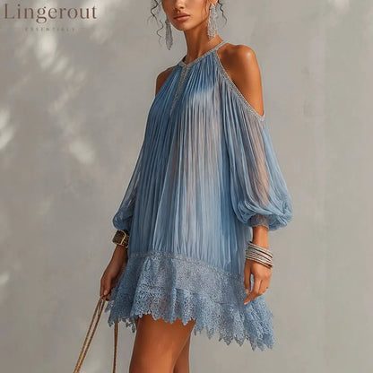 Dusty Blue Pleated Cold Shoulder Mini Dress