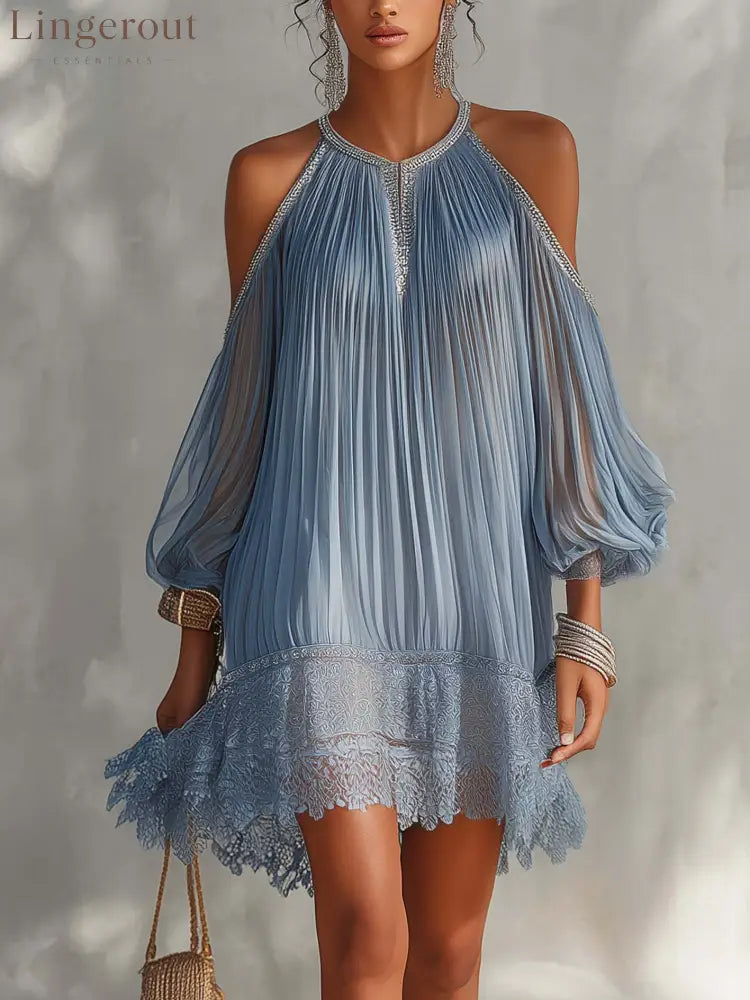 Dusty Blue Pleated Cold Shoulder Mini Dress - Blue / S
