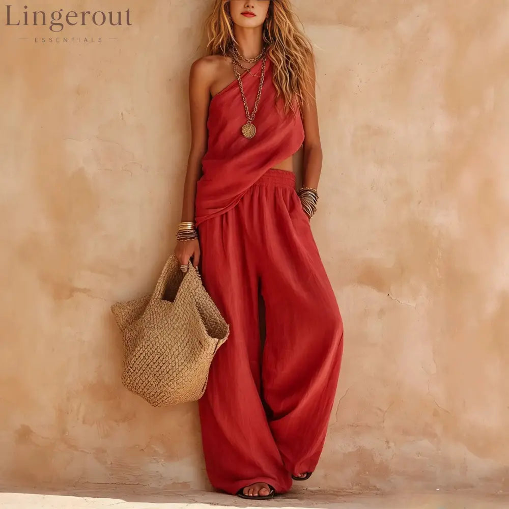 Dusty Pink Asymmetrical One-Shoulder Linen Two-Piece Pants Set