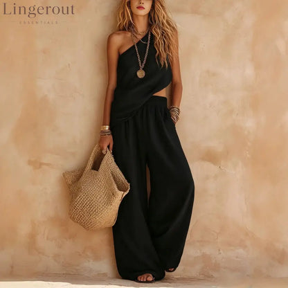 Dusty Pink Asymmetrical One-Shoulder Linen Two-Piece Pants Set - Black / S