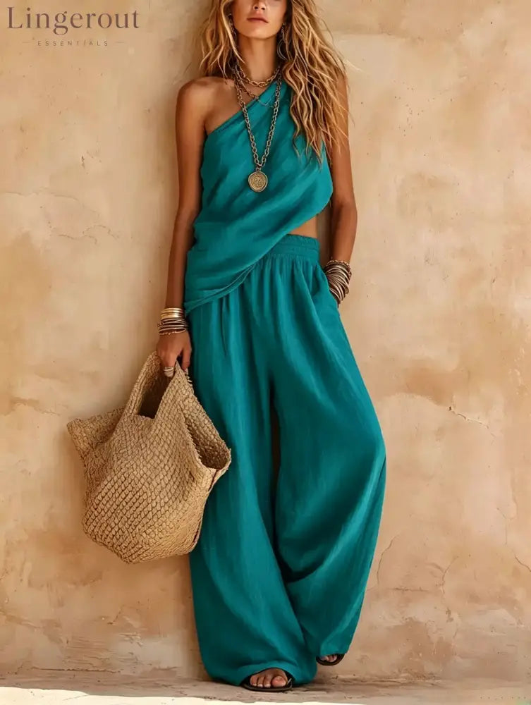 Dusty Pink Asymmetrical One-Shoulder Linen Two-Piece Pants Set - Malachite green / S