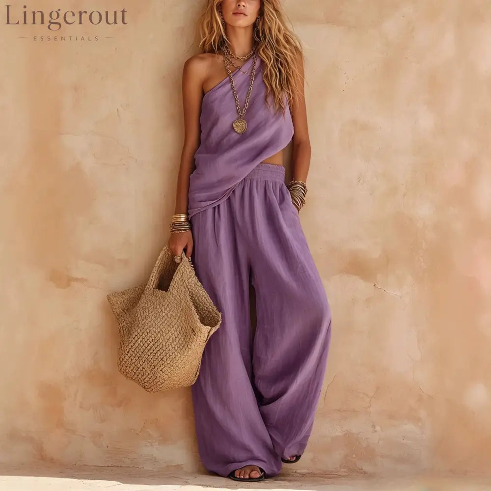 Dusty Pink Asymmetrical One-Shoulder Linen Two-Piece Pants Set - Violet / S
