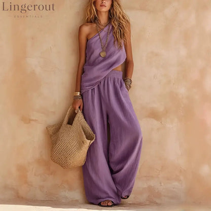 Dusty Pink Asymmetrical One-Shoulder Linen Two-Piece Pants Set - Violet / S