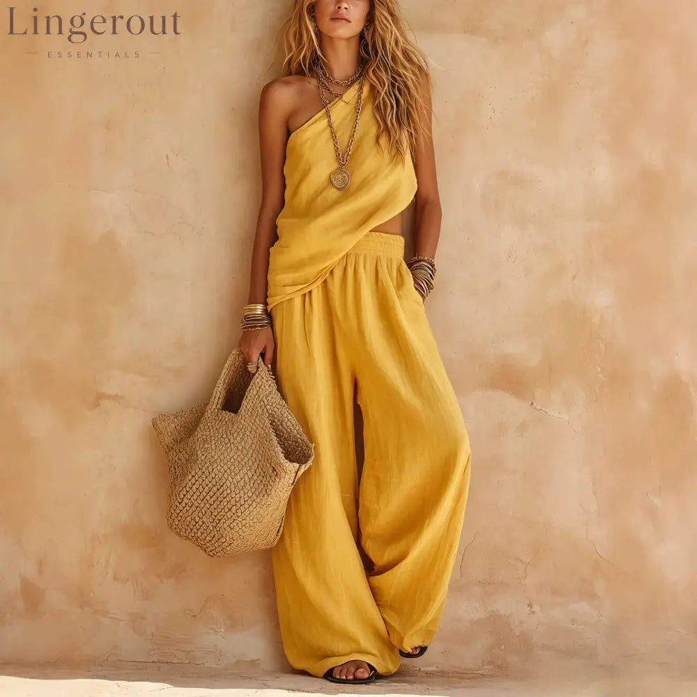 Dusty Pink Asymmetrical One-Shoulder Linen Two-Piece Pants Set - Yellow / S