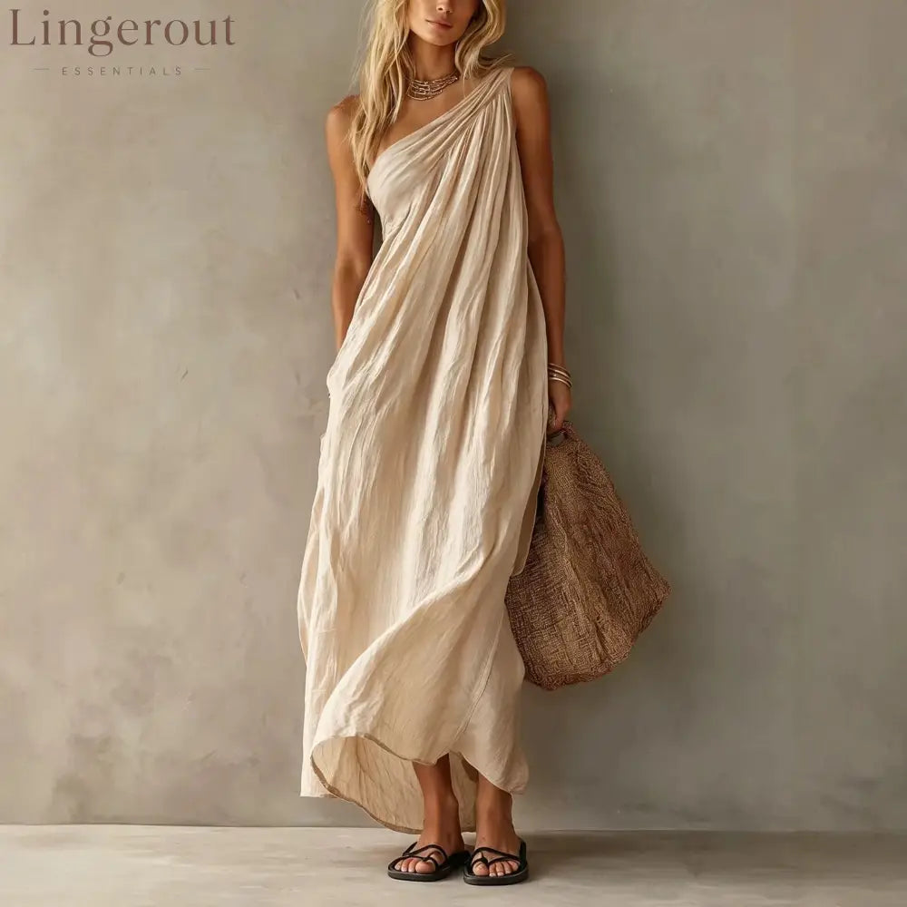 Dusty Pink One Shoulder Ruched Linen Maxi Dress
