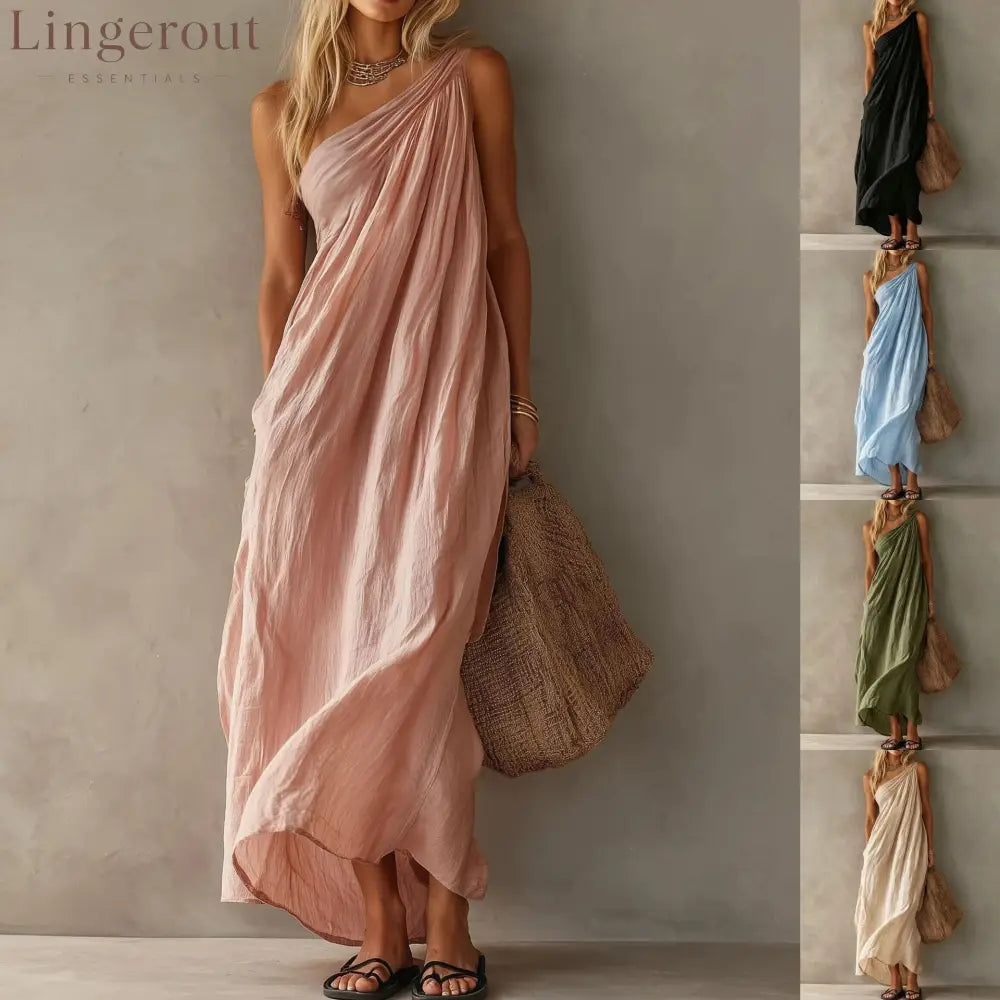 Dusty Pink One Shoulder Ruched Linen Maxi Dress