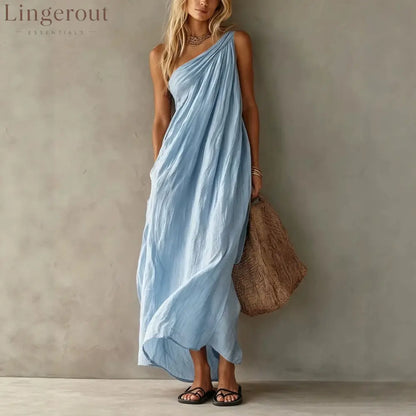 Dusty Pink One Shoulder Ruched Linen Maxi Dress