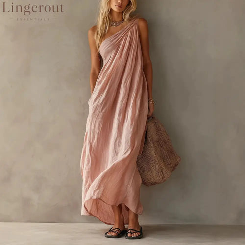 Dusty Pink One Shoulder Ruched Linen Maxi Dress