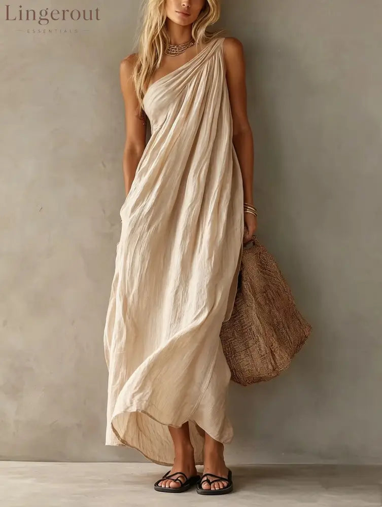 Dusty Pink One Shoulder Ruched Linen Maxi Dress - Apricot / S