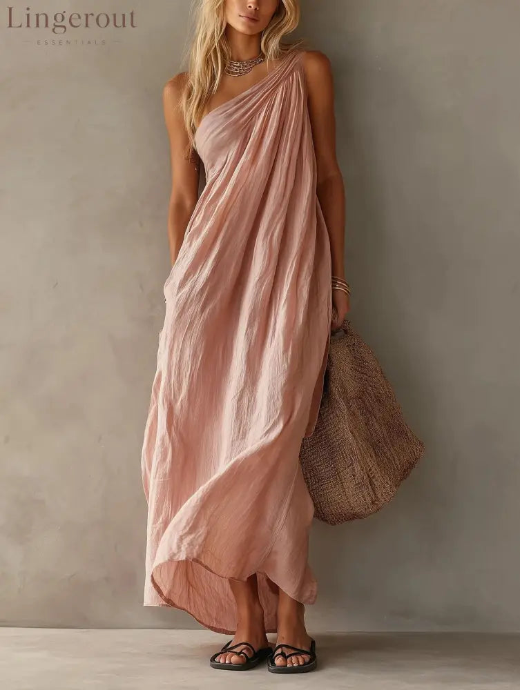 Dusty Pink One Shoulder Ruched Linen Maxi Dress - Pink / S