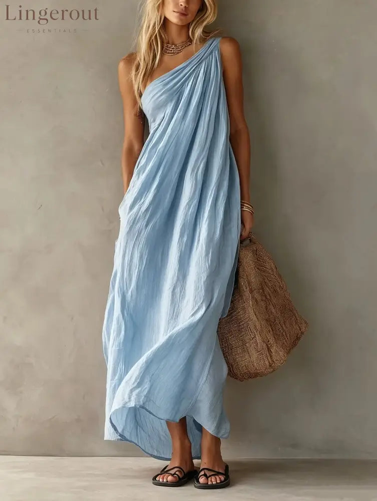 Dusty Pink One Shoulder Ruched Linen Maxi Dress - Sky blue / S