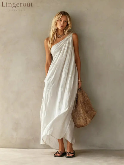 Dusty Pink One Shoulder Ruched Linen Maxi Dress - White / S
