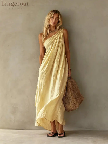 Dusty Pink One Shoulder Ruched Linen Maxi Dress - Yellow / S