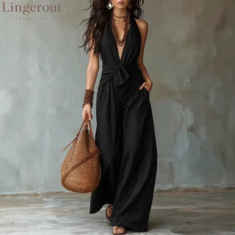 Earthy Brown Halter Wide-Leg Jumpsuit
