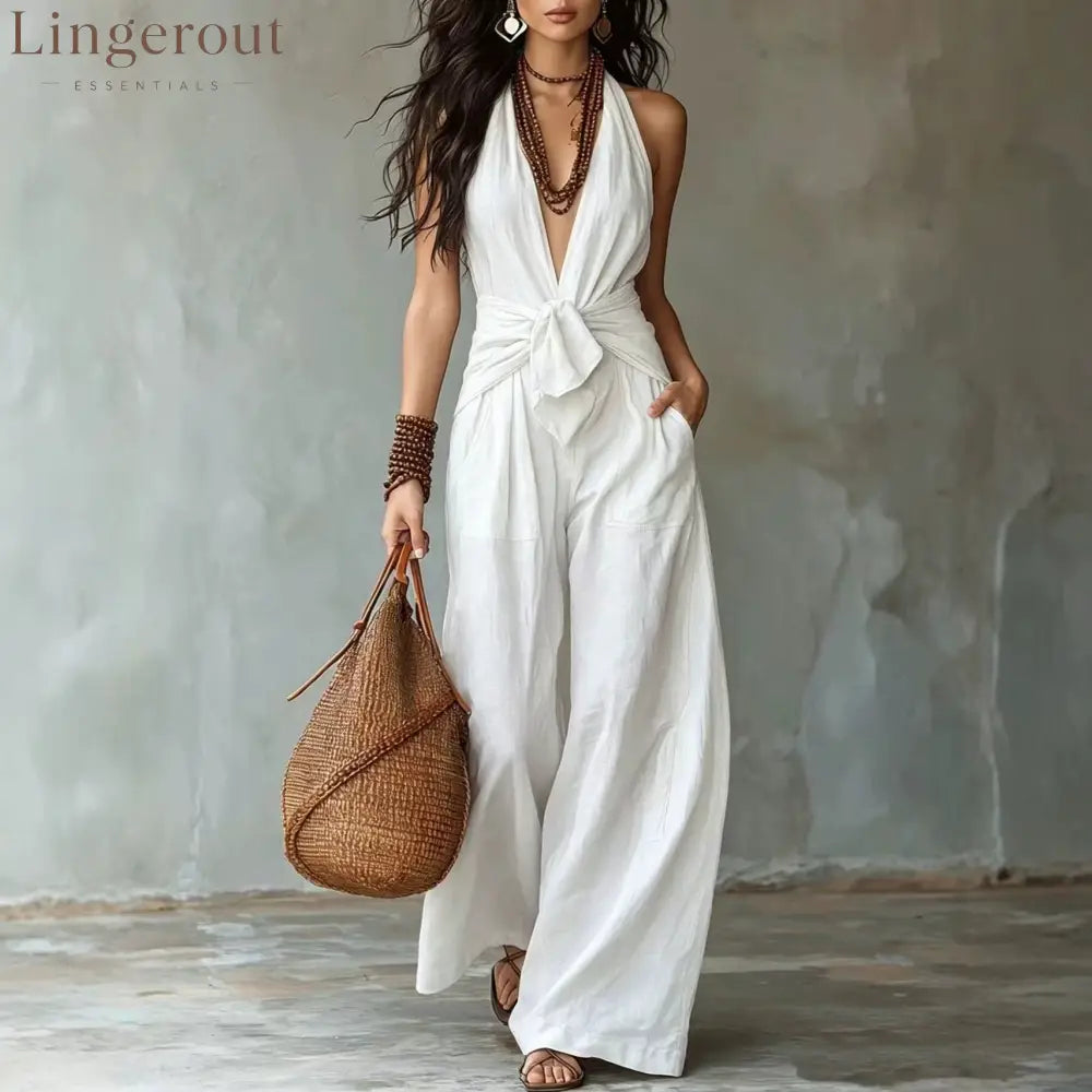 Earthy Brown Halter Wide-Leg Jumpsuit