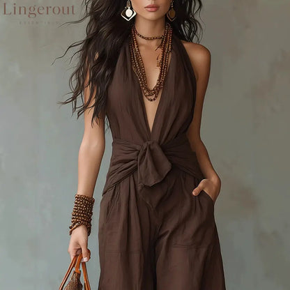 Earthy Brown Halter Wide-Leg Jumpsuit