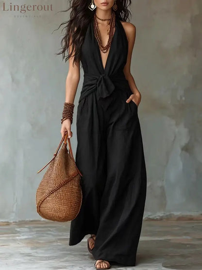 Earthy Brown Halter Wide-Leg Jumpsuit - Black / XS