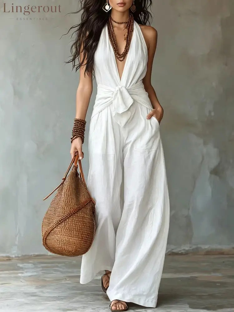 Earthy Brown Halter Wide-Leg Jumpsuit - White / XS