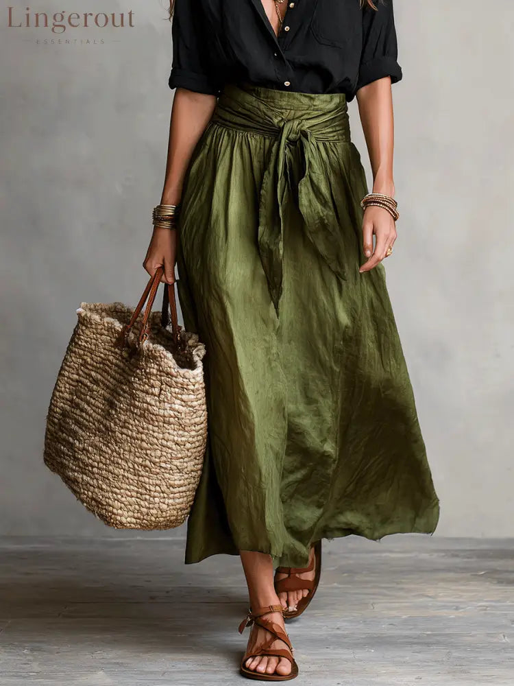 Effortless Boho Black Blouse & Olive Satin Midi Skirt Set
