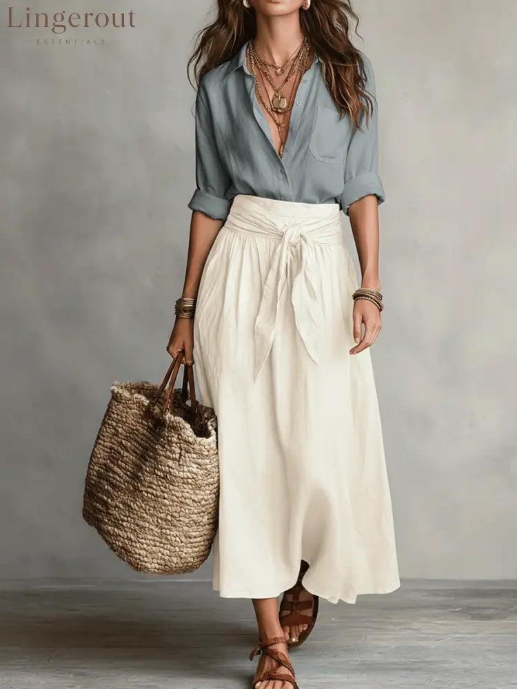 Effortless Boho Black Blouse & Olive Satin Midi Skirt Set - Blue / XS