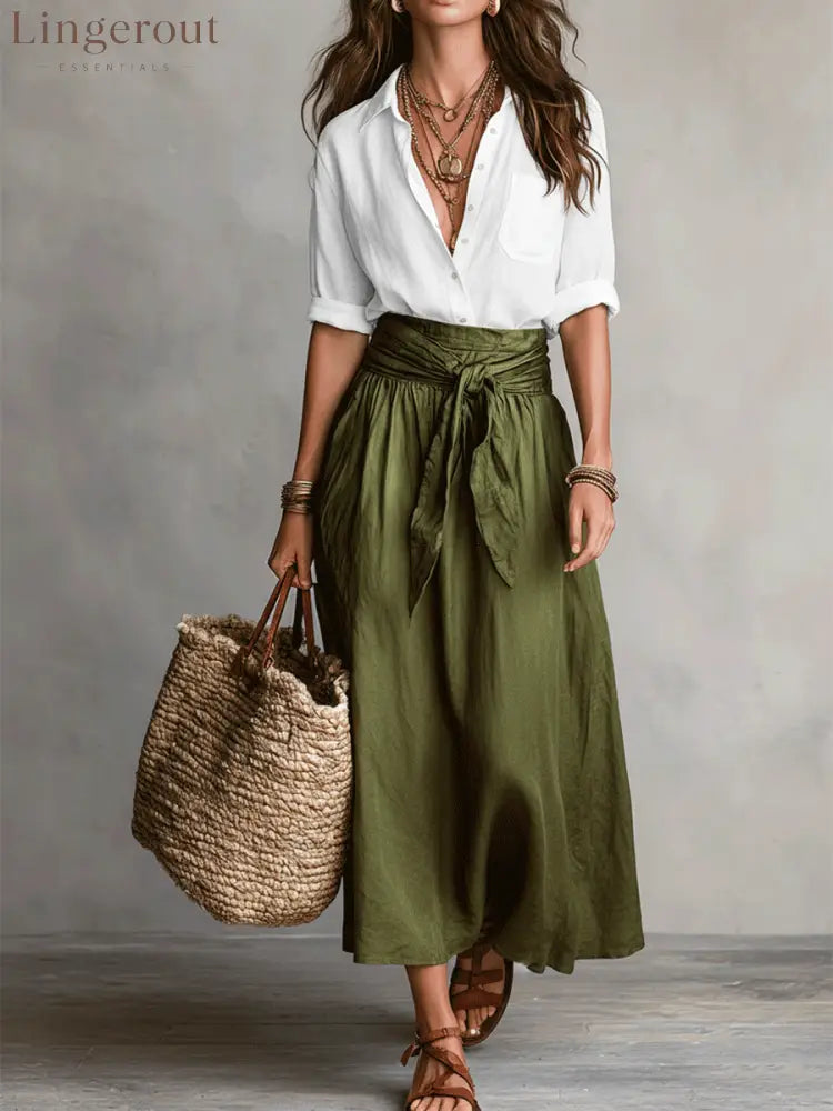 Effortless Boho Black Blouse & Olive Satin Midi Skirt Set - Green / XS