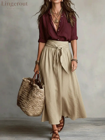 Effortless Boho Black Blouse & Olive Satin Midi Skirt Set - Red / XS