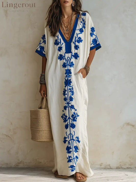 Effortless Boho Cotton Contrast-Trim Loose Off-White Embroidered Kaftan Maxi Dress - White / XS - Short Sleeve Maxi