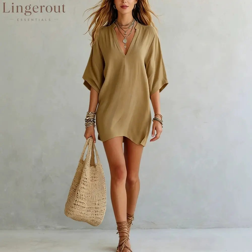 Effortless Boho Tunic Dress – Versatile Summer Essential - Camel / S