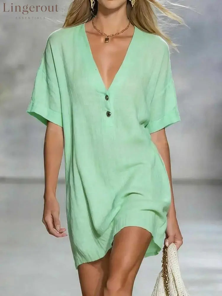 Effortless Chic Linen-Blend V-Neck Shirt Dress - Light green / S