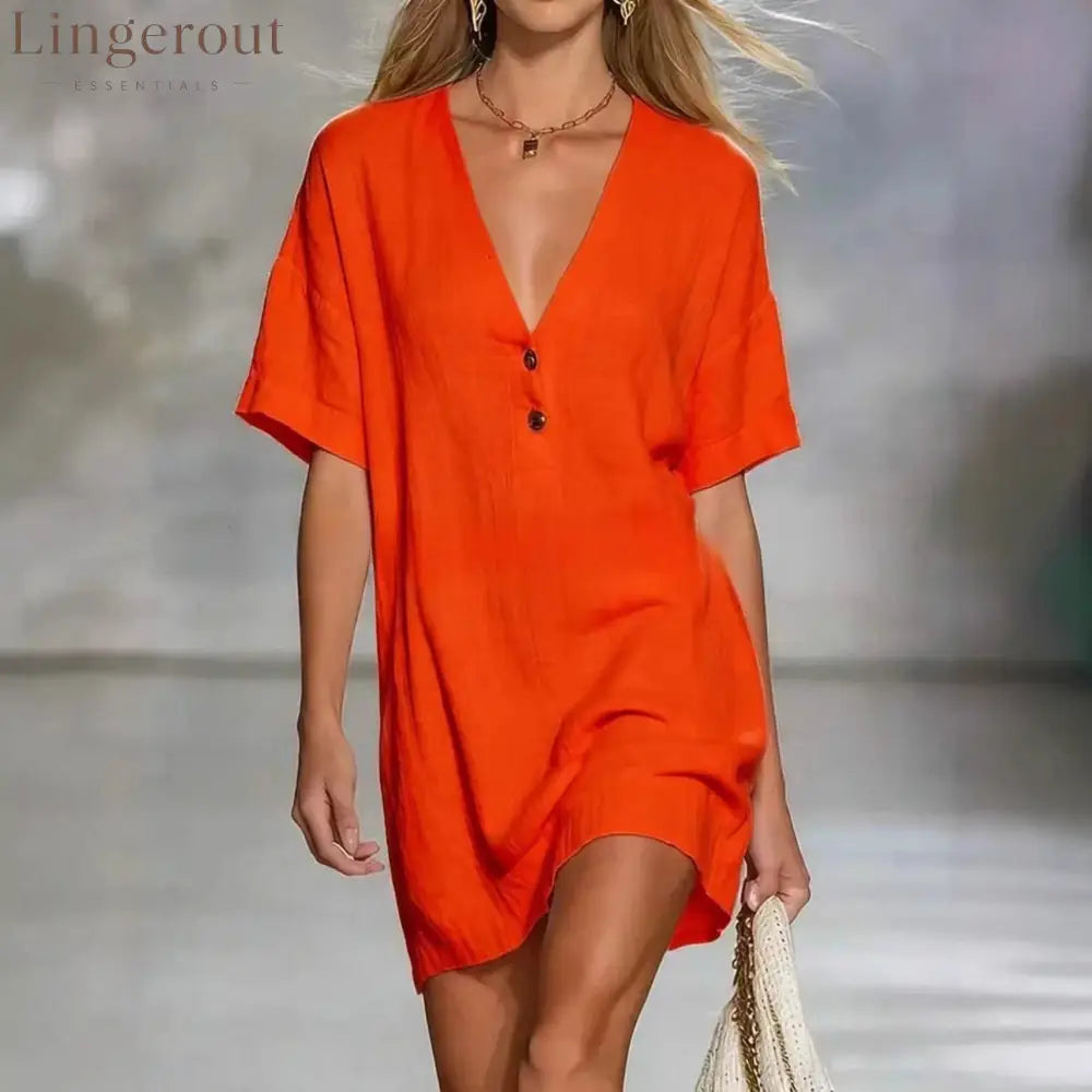 Effortless Chic Linen-Blend V-Neck Shirt Dress - Orange red / S