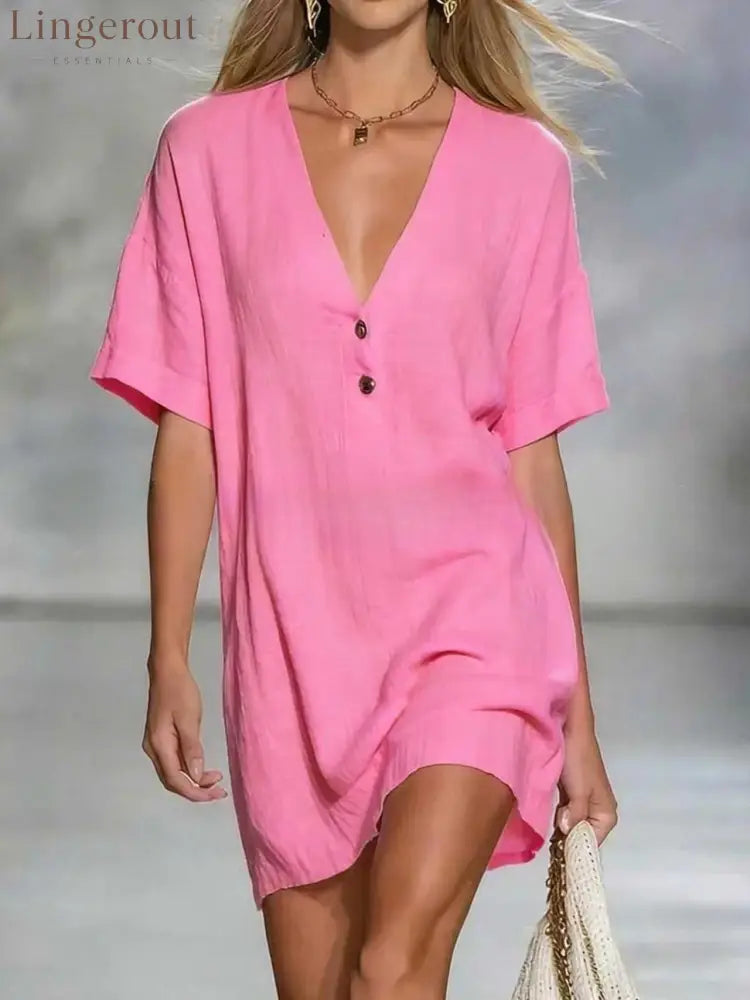 Effortless Chic Linen-Blend V-Neck Shirt Dress - Pink / S
