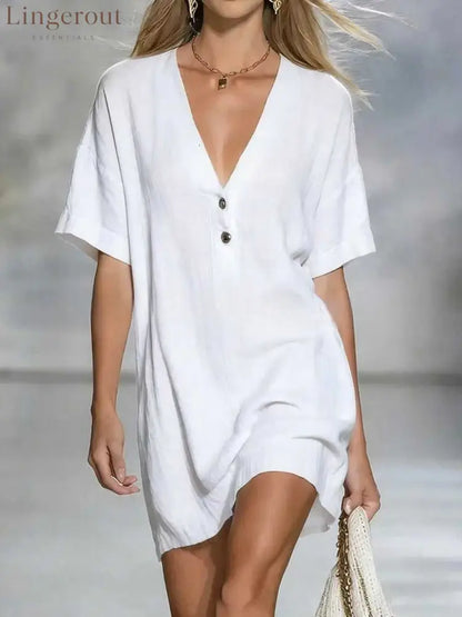 Effortless Chic Linen-Blend V-Neck Shirt Dress - White / S